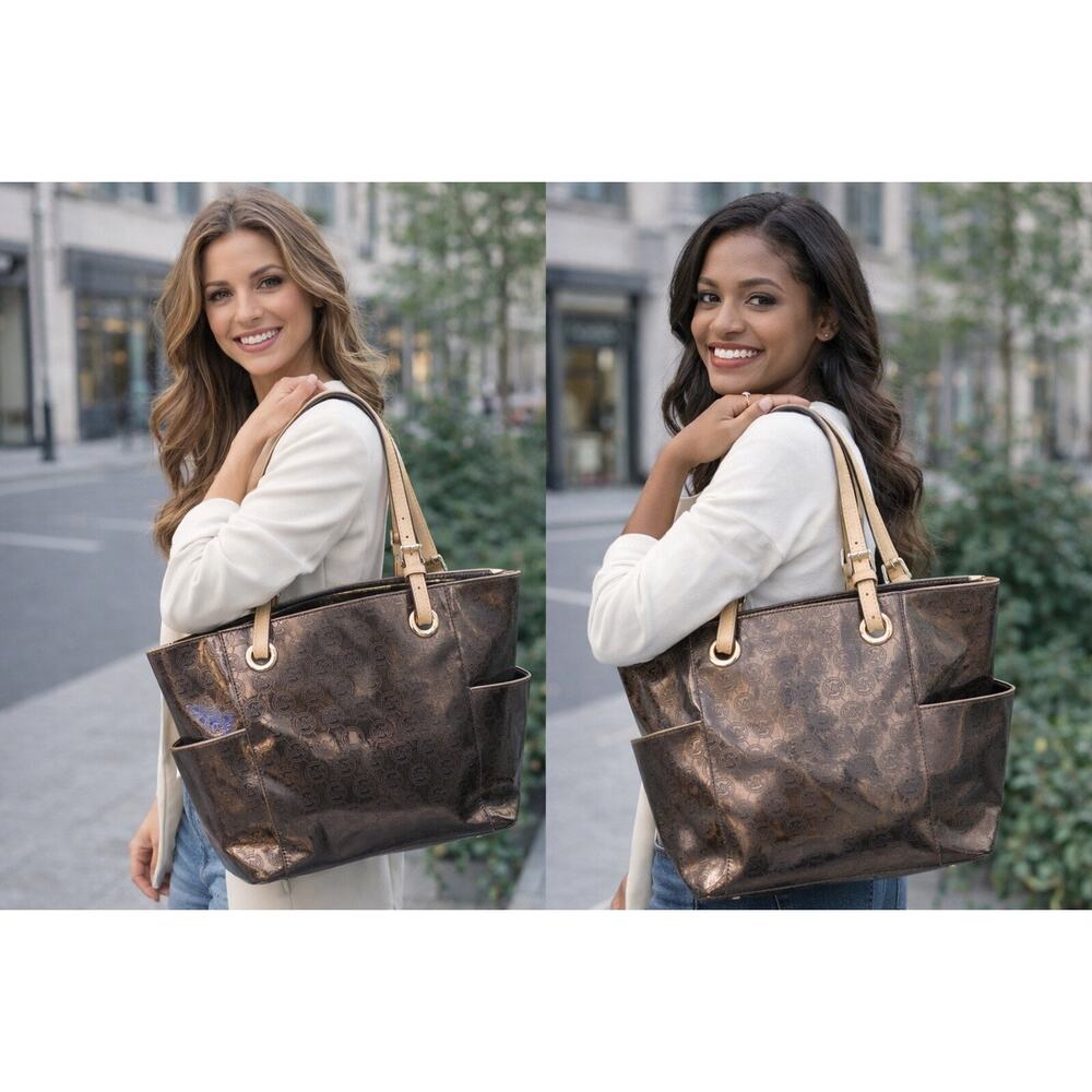 Michael Kors Metallic Brown Tote Beige Straps Monogram Impeccable